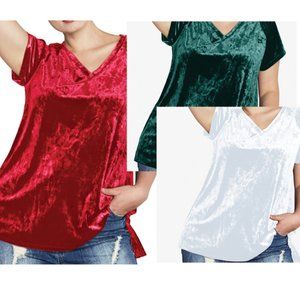 3 Crushed Velour Tops Woman Within - Red, Green, Pearl Gray